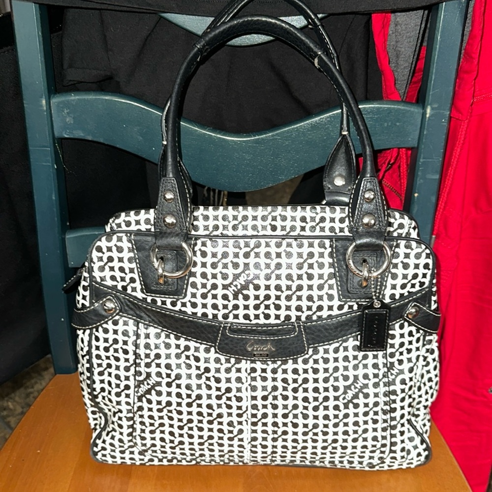 COACH Penelope Op Art Tan Black/White Leather Satchel Shoulder Bag Purse #13147